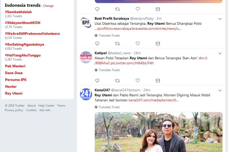 Rey Utami masuk 10 besar trending topic Twitter hari ini, Kamis (11/7/2019).