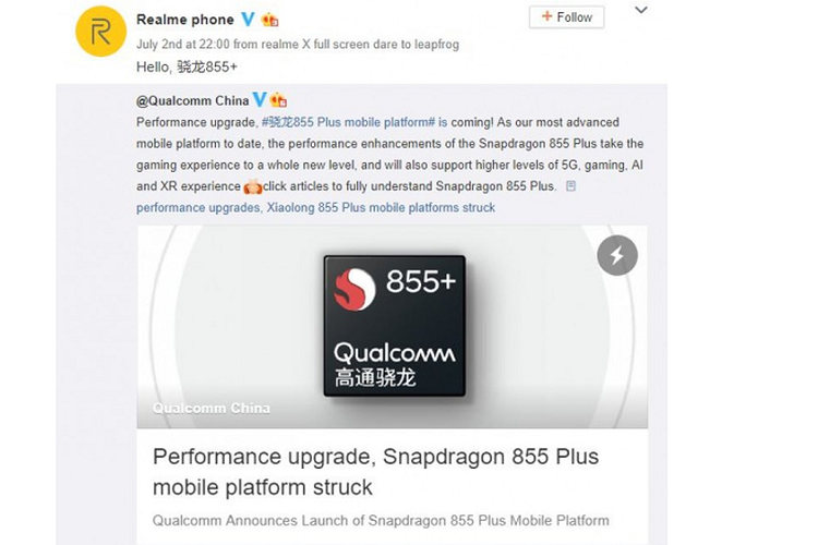 Tangkapan layar situs Weibo Realme saat menyambut perilisan Snapdragon 855 Plus.