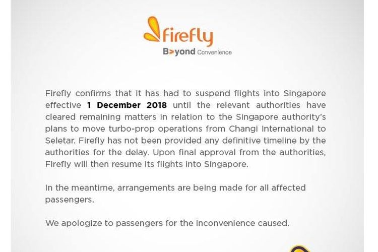 Pengumuman penghentian terbang sementara ke Singapura