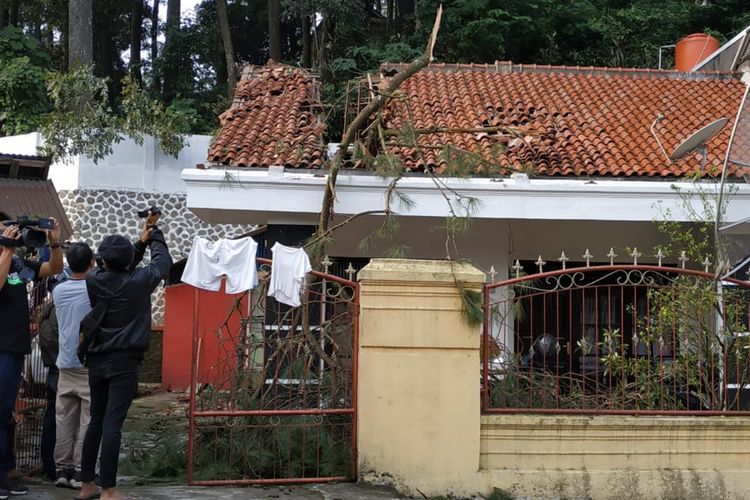 Pohon pinus tua sepanjang 30 meter di Tahura Gunung Kunci Sumedang kota tumbang dan menimpa rumah warga, Senin (8/4/2019) sekitar pukul 14.15 WIB. AAM AMINULLAH/KOMPAS.com 
