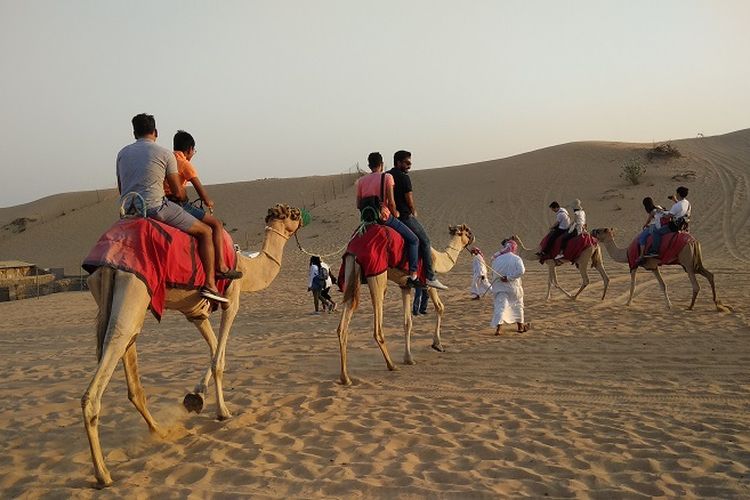 Wisatawan sedang naik unta di kawasan gurun pasir di Dubai, Uni Emirate Arab, Selasa (31/10/2017). Menjelajah gurun pasir adalah salah satu atraksi wisata yang bisa dilakukan saat berlibur ke Dubai.
