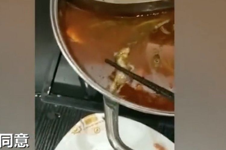 Potongan gambar video memperlihatkan benda seperti tikus ditemukan dalam sup hotpot pada restoran di kota Weifang, China, pekan lalu.