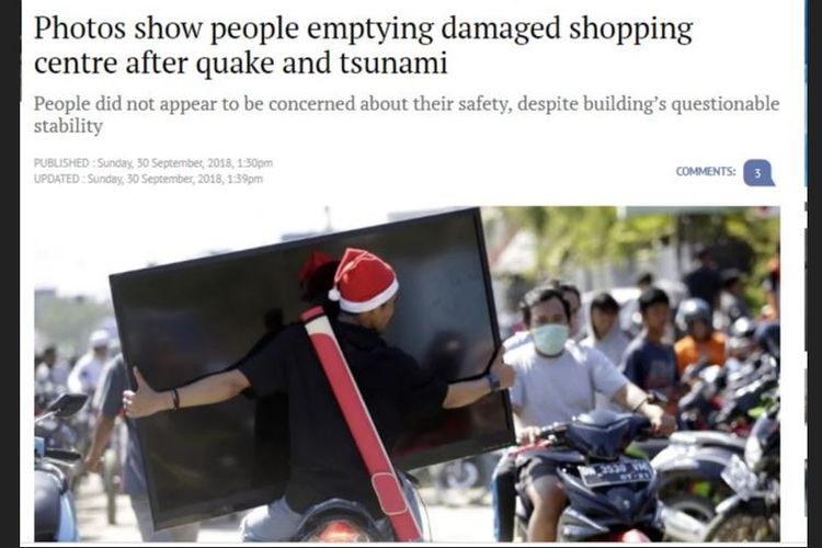 South China Morrning Post tulis penjarahan di Palu pasca tsunami dalam sebuah artikel beritanya.