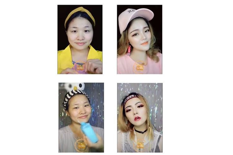 Beberapa penampilan perempuan Asia sebelum memakai makeup dan sesudah memakai makeup.