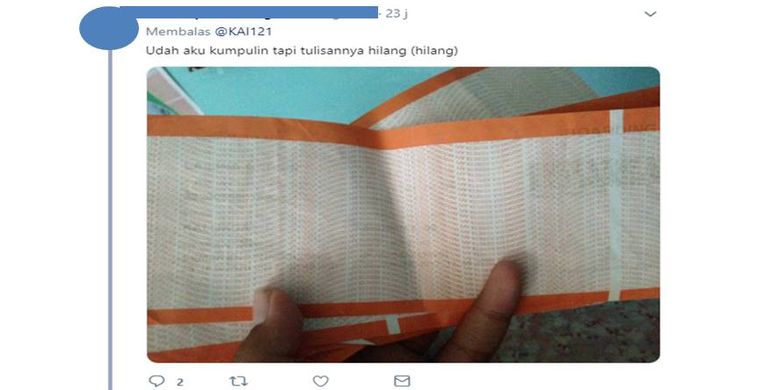 Keluhan salah seorang netizen mengenai memudarnya tulisan di boarding pass kereta api