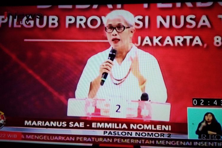Calon Wakil Gubernur NTT nomor urut 2 Emilia Nomleni, saat memaparkan visi dan misinya dalam debat yang berlangsung di studio I News TV Jakarta, Selasa (8/5/2018) malam