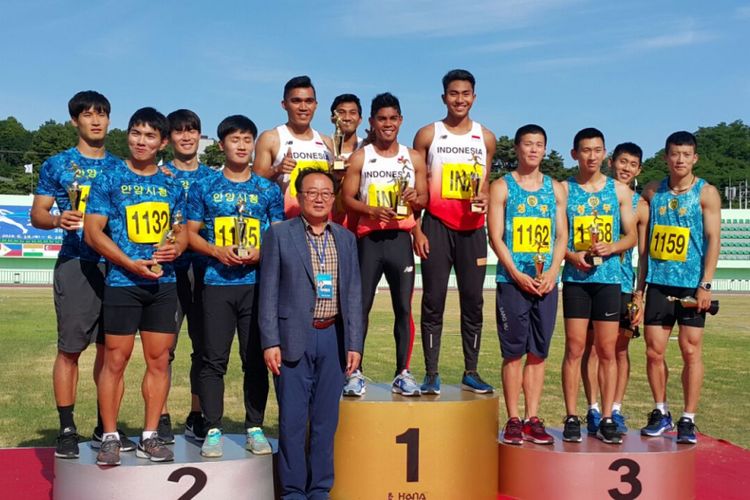 Tim estafet putra Indonesia meraih medali emas pada ajang Korea Open 2018 di Yecheon, Korea Selatan.