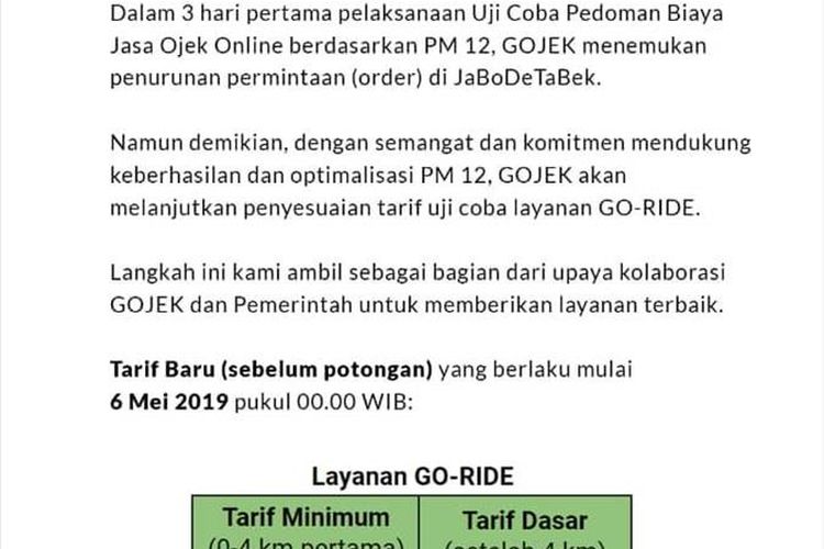 Keterangan yang diberikan Gojek kepada Para Pengemudi mereka pada Senin (6/5/2019)(KOMPAS.com/JIMMY RAMADHAN AZHARI)