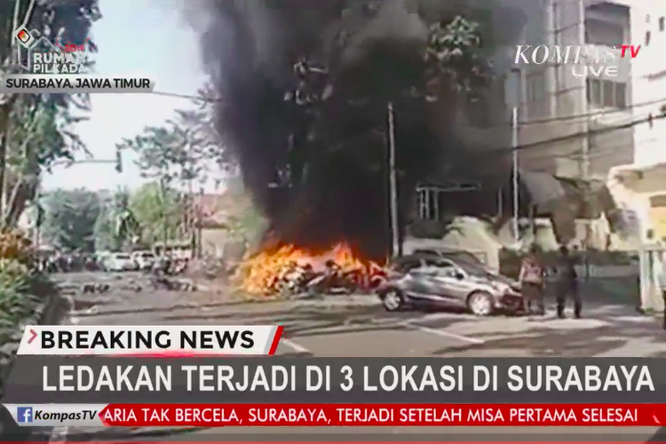 Siaran langsung Kompas TV mengenai ledakan bom yang terjadi di tiga gereja di Surabaya, Jawa Timur, Minggu (13/5/2018).
