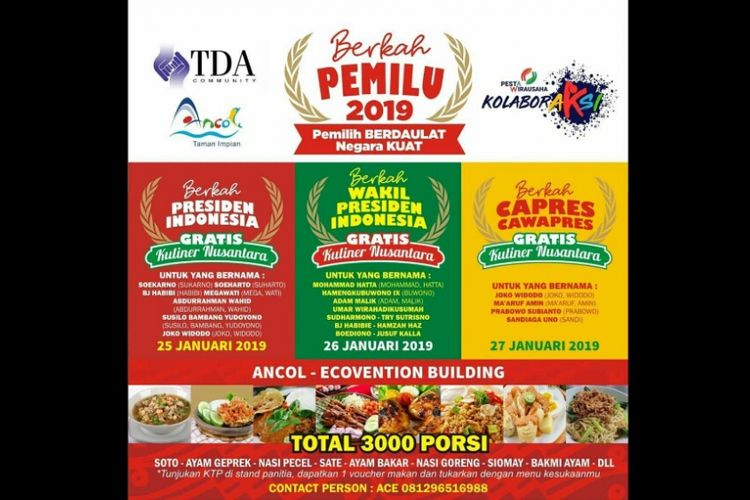 Pamflet acara bertajuk Berkah Pemilu 2019 yang akan digelar di Ancol pada tanggal 25 hingga 27 Januari 2019.