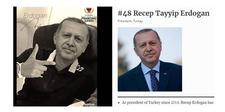 Foto editan Erdogan tengah berpose dua jari (kiri), dan juga foto Erdogan dalam salah satu artikel di majalah Forbes (kanan)