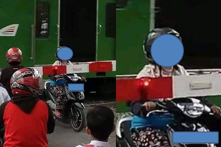 Seorang pengemudi motor yang terjebak di perlintasan kereta api beredar di media sosial pada Jumat (9/8/2019).