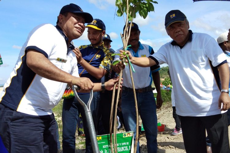 Menteri Pekerjaan Umum dan Perumahan Rakyat (PUPR) Basuki Hadimuljono (kanan), Ketua Komisi V DPR RI Fary Djemi Francis (kanan) menanam pohon untuk penghijauan di sekitar areal Bendungan Raknamo, Kabupaten Kupang, Nusa Tenggara Timur (NTT), Selasa (28/11/2017)