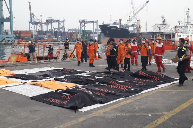 Sebanyak 20 kantong jenazah berisi bagian tubuh tiba di Dermaga JICT 2 Pelabuhan Tanjung Priok, Selasa (6/11/2018) sore.