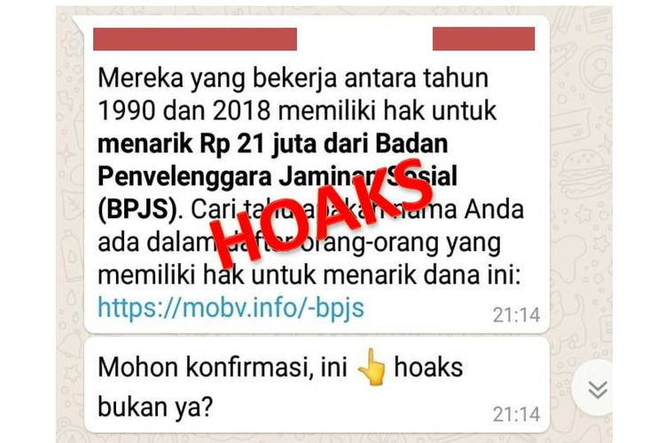 Hoaks yang menyatakan pekerja tahun 1990 dan 2018 mempunyai hak untuk menarik Rp 21 Juta dari BPJS.