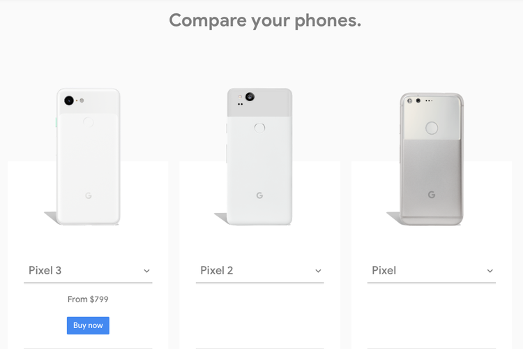Ilustrasi membandingkan ponsel Pixel di situs toko online Google