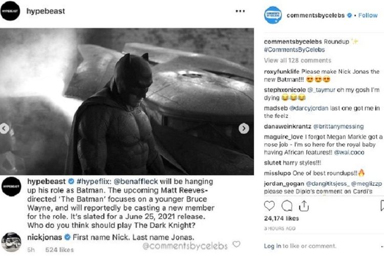 Kutipan komentar Nick Jonas di kolom komentar akun Instagram @hypebeast tentang karakter Batman.