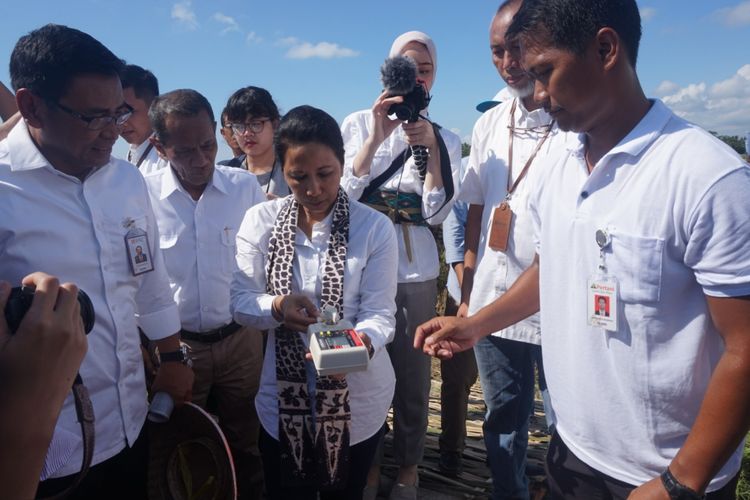 Menteri Rini cek kadar air tanah saat panen raya di Desa Pondok Nongko Kecamatan Kabat, Jumat (6/4/2018).