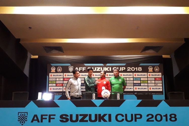 Konferensi pers yang digelar di Stadion Utama Gelora Bung Karno, Jakarta, Senin (12/11/2018). Acara tersebut digelar jelang laga kedua Grup B Piala AFF antara Indonesia Vs Timor Leste, Selasa (13/11/2018).