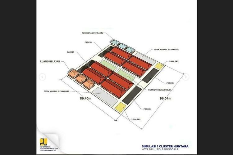 Rancangan kompleks huntara yang didirikan oleh Kementerian Pekerjaan Umum dan Perumahan Rakyat (KemenPUPR) di Palu.