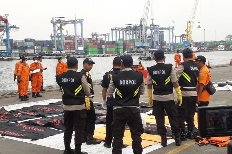 Petugas DVI Polri mengerubungi kantong jenazah yang tiba di Dermaga JICT 2 Pelabuhan Tanjung Priok, Senin (5/11/2018).