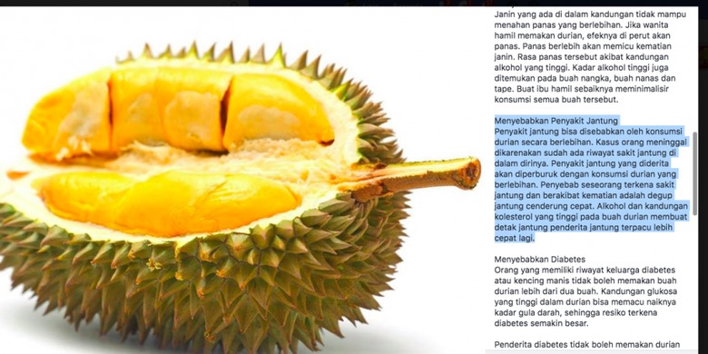 Salah satu tulisan di Facebook ini menyebutkan bahwa durian mengandung kolesterol. Faktanya, durian tidak mengandung kolesterol.