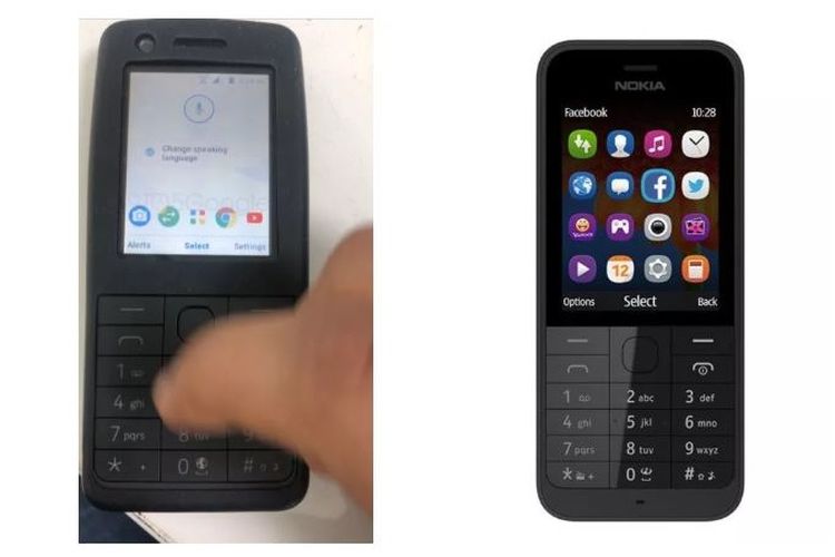 Ilustrasi ponsel fitur yang menjalankan sistem operasi Android (kiri) dan Nokia 220 (kanan)