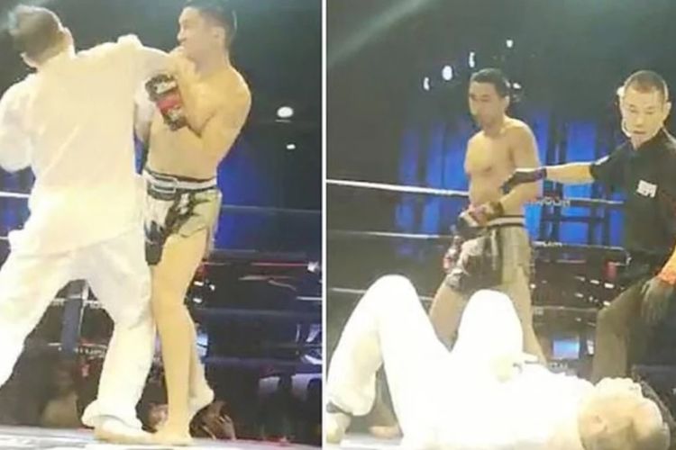 Master tai chi Zhu Chunping tumbang setelah mendapat satu pukulan telak dari atlet kickboxing, Yao Hantian.