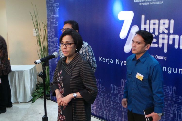 Menteri Keuangan Sri Mulyani saat konferensi pers seusai Hari Oeang, di Gedung Dhanapala, Jakarta Pusat, Kamis (26/10/2017).