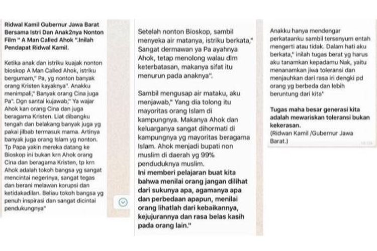 Pesan yang beredar di grup WhatsApp tentang nasihat Ridwan Kamil kepada Keluarganya terkait film A Man Called Ahok.