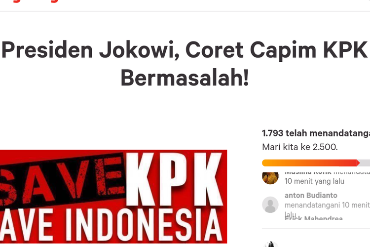 Tangkapan layar petisi Presiden Jokowi, Coret Capim KPK Bermasalah 
