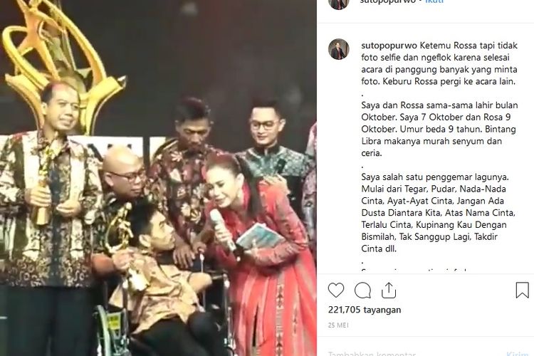 Humas BNPB Sutopo Purwo Nugroho mengunggah momen bersama penyanyi Rossa di akun Instagram miliknya.