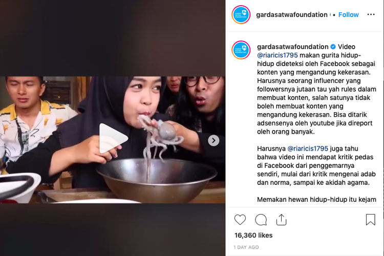 Tangkapan layar unggahan Garda Satwa Foundation yang mengecam video makan gurita hidup oleh Ria Ricis.
