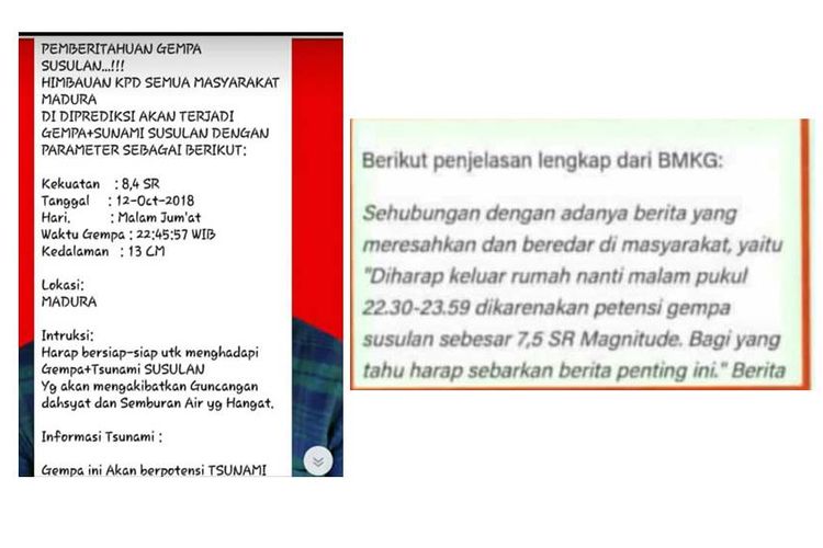 Beredar informasi hoaks yang mengabarkan adanya gempa susulan di Madura, Jawa Timur.