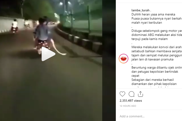Video yang menunjukkan sekelompok anak muda membawa senjata tajam di Manggarai, Jakarta Selatan. Video ini viral di media massa. 