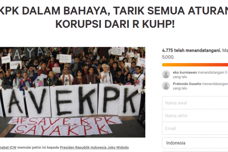 Masyarakat menggalang petisi penolakan RKUHP yang akan melemahkan Komisi Pemberantasan Korupsi (KPK).