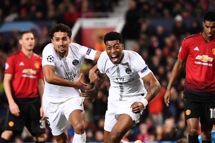 Presnel Kimpembe merayakan golnya pada pertandingan Manchester United vs PSG di Stadion Old Trafford dalam babak 16 besar Liga Champions, 12 Februari 2019. 