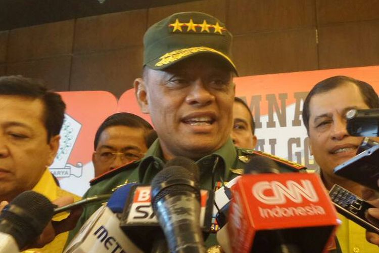 Panglima TNI Jenderal TNI Gatot Nurmantyo seusai memberikan paparan pada Rapat Pimpinan Nasional (Rapimnas) Partai Golkar di Balikpapan, Senin (22/5/2017).