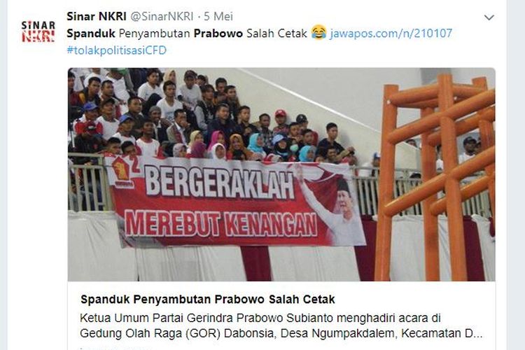 Spanduk Prabowo dengan tulisan Bergeraklah Merebut Kenangan viral di media sosial dan banyak dibagikan oleh warganet. Tampak bidik layar dari seorang warganet yang membagikan foto dan berita dari Jawa Pos di Twitter. 