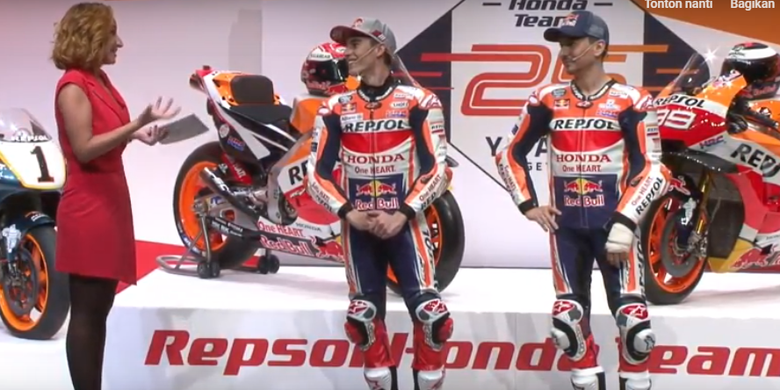 Peluncuran motor balap baru tim Repsol Honda untuk MotoGP 2019 di Madrid, Spanyol, Rabu (23/1/2019) pagi atau sore WIB. Peluncuran motor RC213V tersebut dihadiri langsung duet pebalap Marc Marquez dan Jorge Lorenzo.