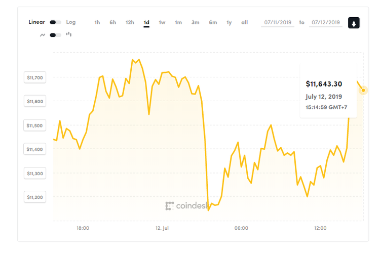 Tangkapan layar harga bitcoin terhadap dollar per 12 Juli 2019.