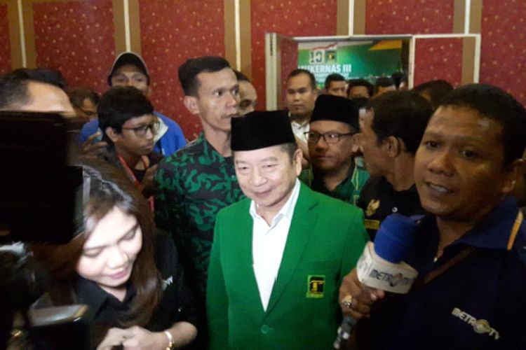 Suharso Monoarfa setelah dikukuhkan sebagai Plt Ketum di Musyawarah Kerja Nasional (Mukernas) III Partai Persatuan Pembangunan (PPP), Hotel Seruni, Puncak, Kabupaten Bogor, Rabu (20/3/2019) malam.