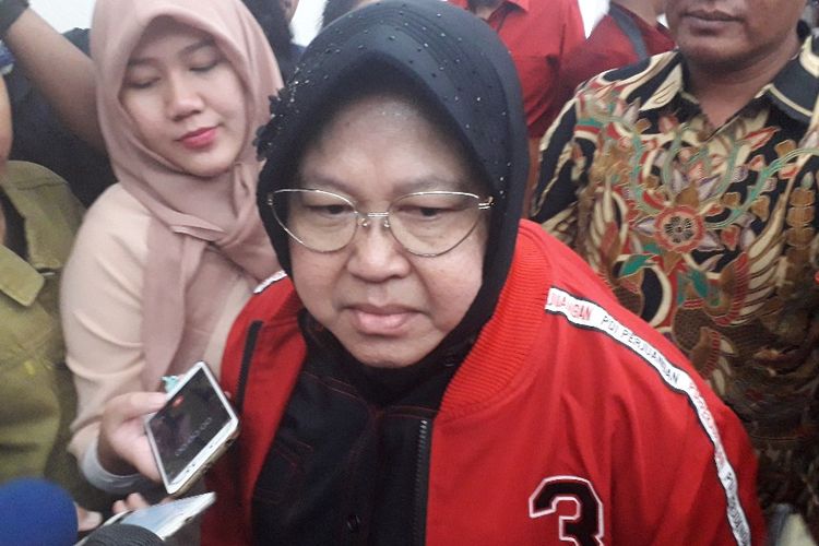 Wali Kota Surabaya Tri Rismaharini memberi keterangan kepada wartawan di Kantor DPP PDI-P, Senin (19/8/2019).