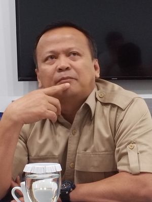 Wakil Ketua Umum Partai Gerindra Edhy Prabowo di Menara Kompas, Jakarta, Senin (12/8/2019).