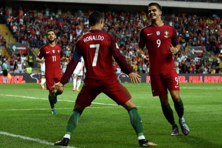 Cristiano Ronaldo merayakan gol Portugal ke gawang Kepulauan Faroe pada partai Kualifikasi Piala Dunia 2018 zona Eropa di Staidon Bessa, 31 Agustus 2018.