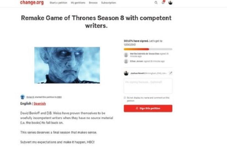 Inilah petisi yang dibuat para penggemar Game of Thrones yang kecewa dengan musim kedelapan serial tersebut.