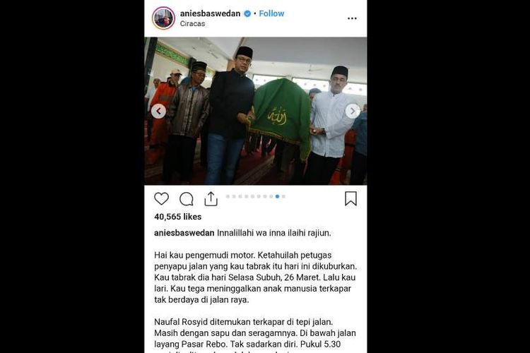 Gubernur DKI Jakarta Anies Baswedan mengebumikan Naufal Rosyif (24), penyapu jalan yang tewas ditabrak pengendara motor, Minggu (31/3/2019) pagi.  
