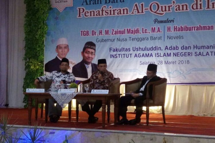 TGB ditemui seusai berbicara dalam seminar nasional Arah Baru Penafsiran Alquran di Indonesia di kampus IAIN Salatiga, Rabu (28/3/2018) siang.