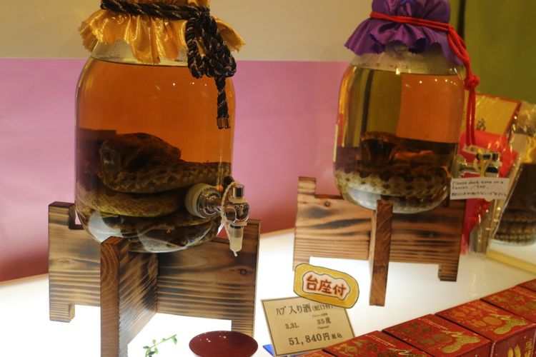 Habu sake, minuman keras khas Okinawa yang melarutkan ular berbisa ke dalam cairan awamori.