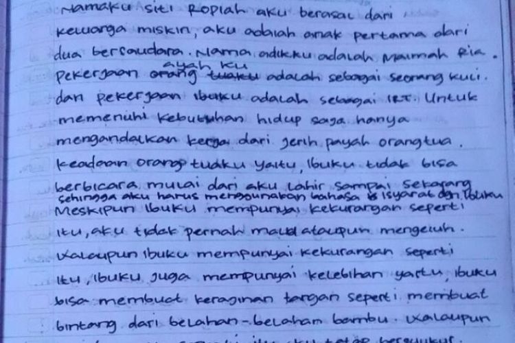 Halaman pertama tulisan tangan Siti Ropiah yang menyentuh hati